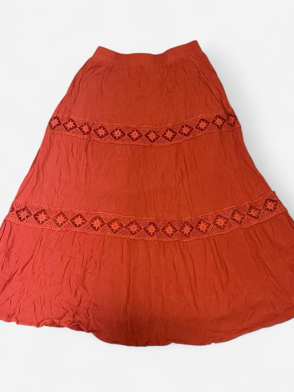 Rust Tiered Embroidered Midi Skirt - Women